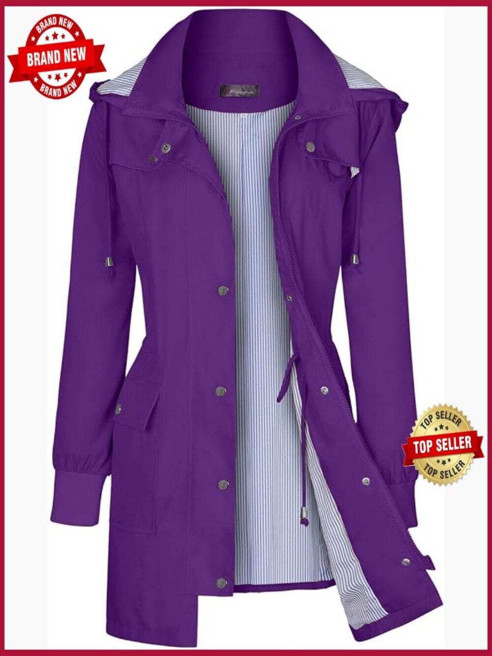 Women Lightweight Waterproof Raincoat Windbreaker Striped Lining Hooded Jacket